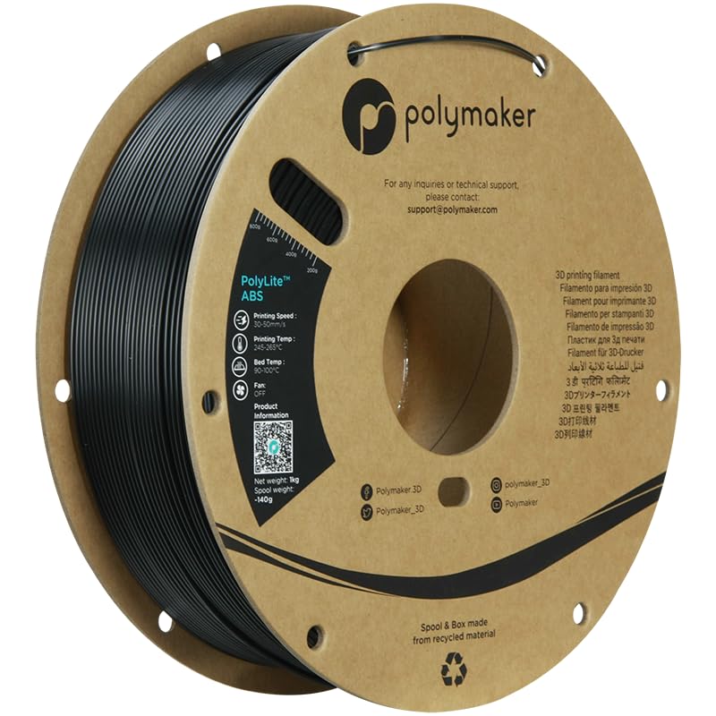 Polymaker ABS Filament 1.75mm Black, ABS 3D Printer Filament 1.75mm Heat Resistant 1kg - PolyLite ABS 3D Printing Filament 1.75mm, Strong & Durable, Dimensional Accuracy +/- 0.03mm