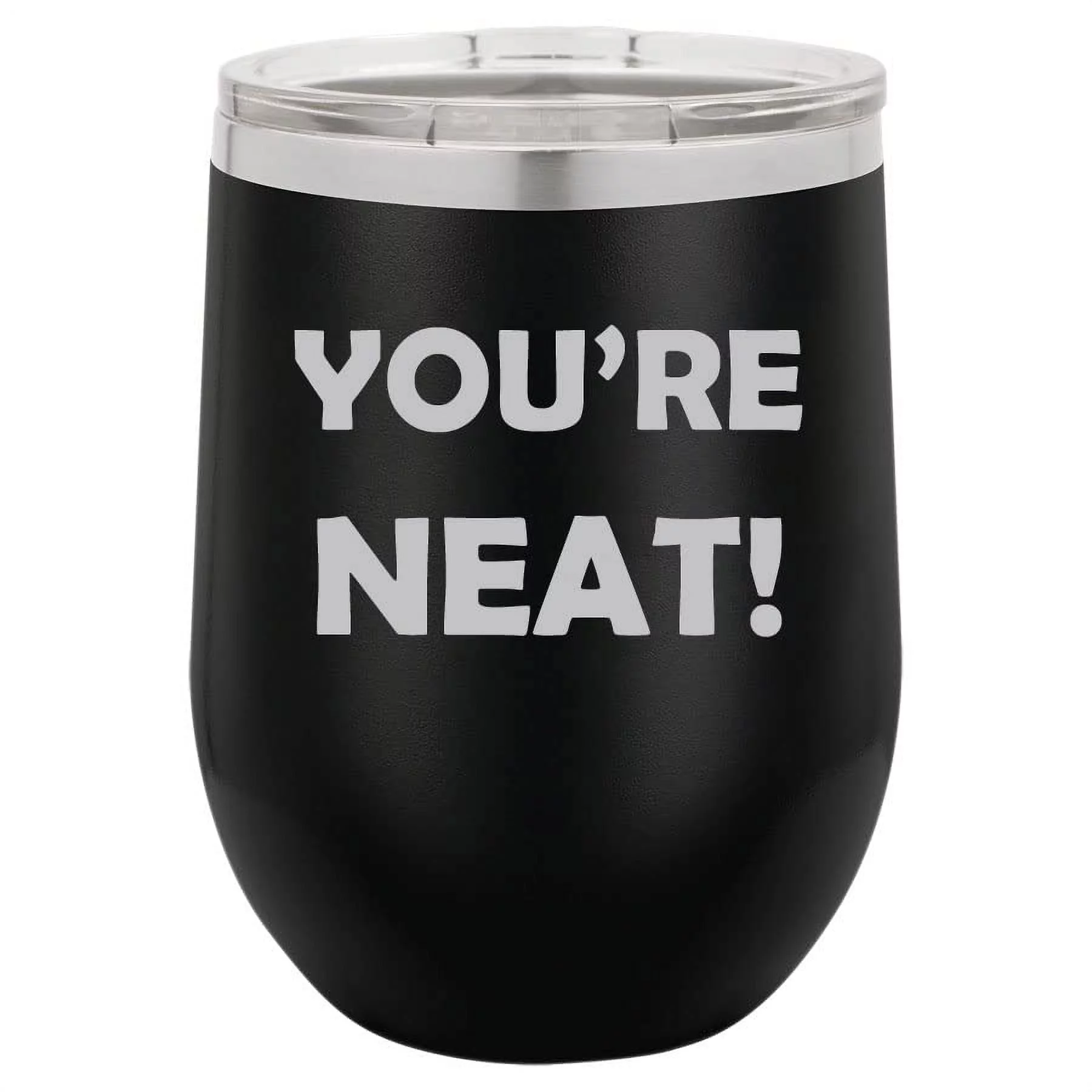 12 oz Double Wall Vacuum Insulated Stainless Steel Stemless Wine Tumbler Glass Coffee Travel Mug With Lid You're Neat Alcohol Bourbon Gin Whiskey Pun Funny (Black)