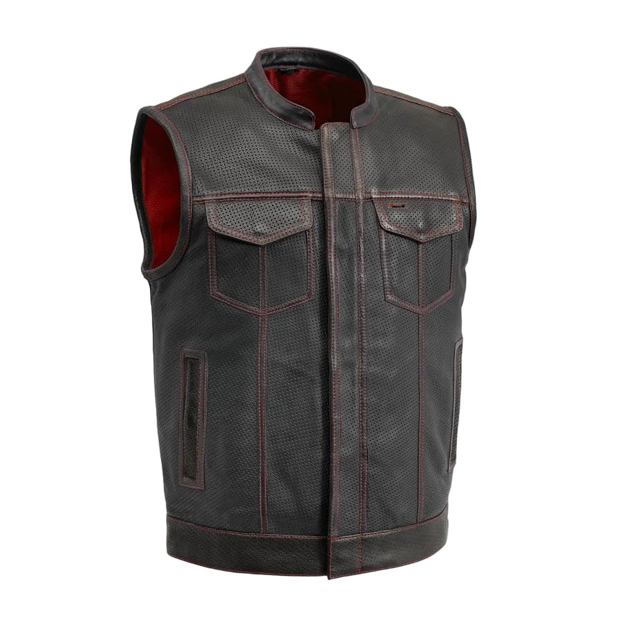 First Mfg Co Sharp Shooter Mens Motorcycle Biker Riding Leather Vest Club Style Vest w/Mesh lining and Conceal Carry Pockets