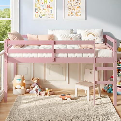 Twin Size Wooden Low Loft Bed with Guardrail and Ladder for Kids, Boys and Girls, No Box Spring Needed, White