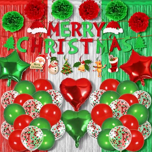 150 PCS Merry Christmas Party Decorations Set, Christmas Foil Fringe Curtains Red Green Gold Balloons Garland Arch Kit Photo Booth Props Candy Cane Foil Balloons for Xmas Holiday Birthday Supplies