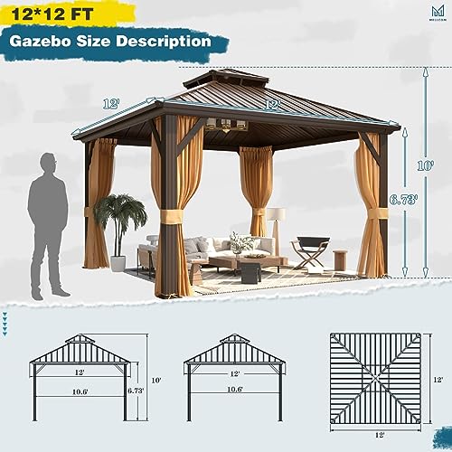 MELLCOM 10'x13' Hardtop Gazebo with Polycarbonate Double Roof, Aluminum Frame Outdoor Gazebo Permanent Pavilion with Curtains and Netting for Patio, Lawn & Garden