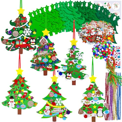 Winlyn 24 Sets Christmas Tree Ornaments Decorations Art Sets DIY Christmas Craft Kits Pine Tree Snowman Snowflake Penguin Foam Stickers Arts and Crafts for Kids Party Favors Home Classroom Activities