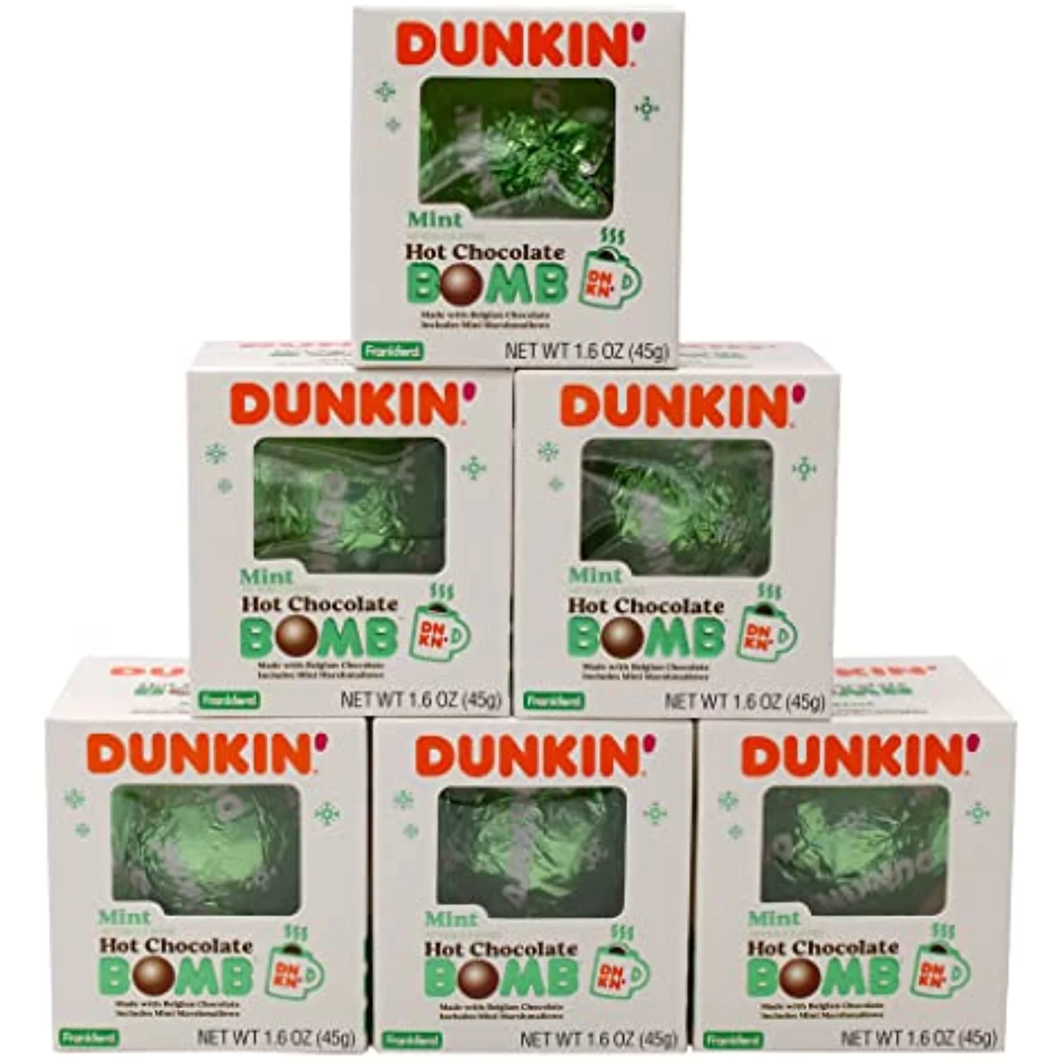 Dunkin Mint Hot Chocolate Bomb(Pack Of 6), Mint-Flavored Belgian Milk Chocolate Melting Ball Filled With Mini Marshmallows, 1.6 Ounce, Individually Wrapped, Easter Basket Stuffers For Kids Girls
