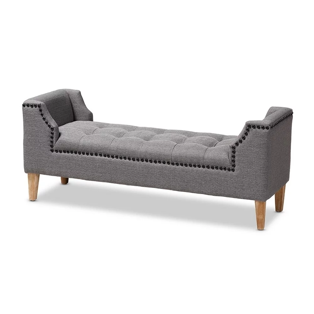 Perret Modern and Contemporary Gray Linen Fabric Upholstered Oak Brown Finished Wood Bench