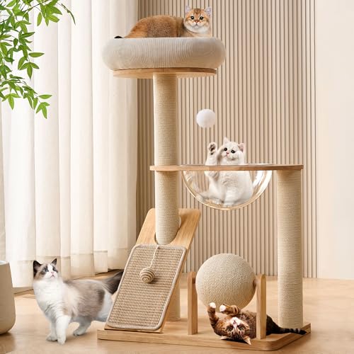 HITTITE Cat Tree Tower with Scratching Post for Indoor Cats, 37.8 Inches Cat Towers with Scratching Board and Scratcher Ball, Cat Climbing Tower with Hammock and Removable Top Bed for Kittens.