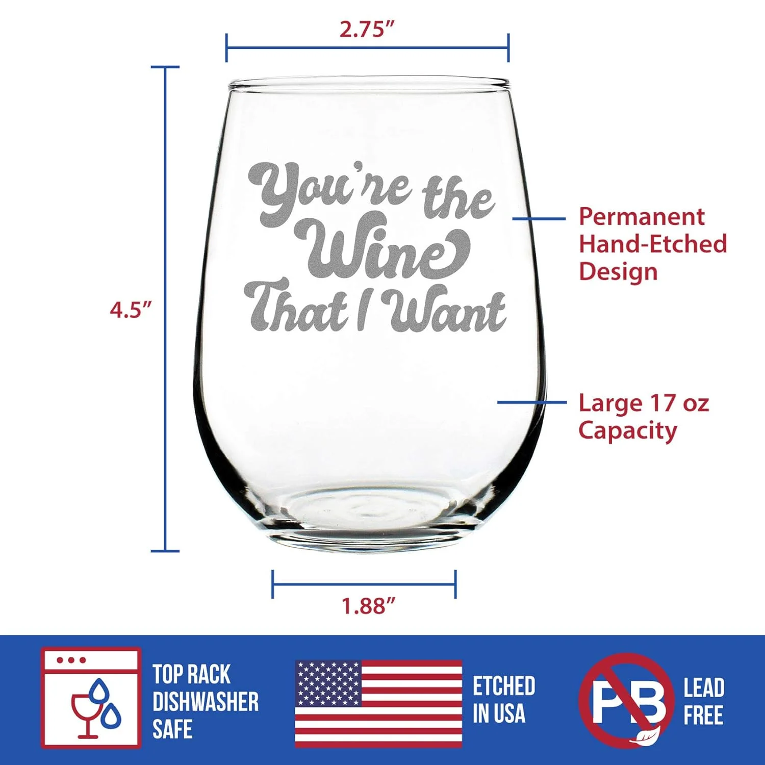 The Wine I Want – Cute Funny Stemless Wine Glass, Large 17 Ounces, Etched Sayings, Gift Box