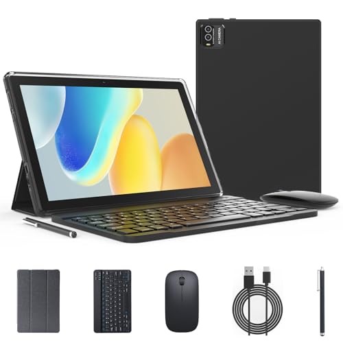 Andoird 14 Tablet 10 inch, 2 in 1 Tablets with Keyboard Case Stylus Mouse, 12GB RAM 64GB ROM 1TB Expand, Octa-Core 2.0Ghz, 5G WiFi, BT5.0, 6000mAh, 8MP Camera, 1280 x 800 HD Screen, Widevine L1, GMS