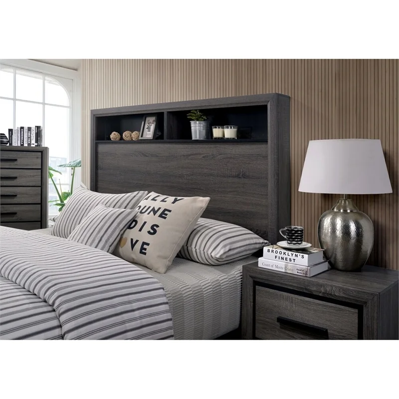 FOA Drummond 3-Piece Gray Wood Panel Bedroom Set - Cal King + 2 Nightstands