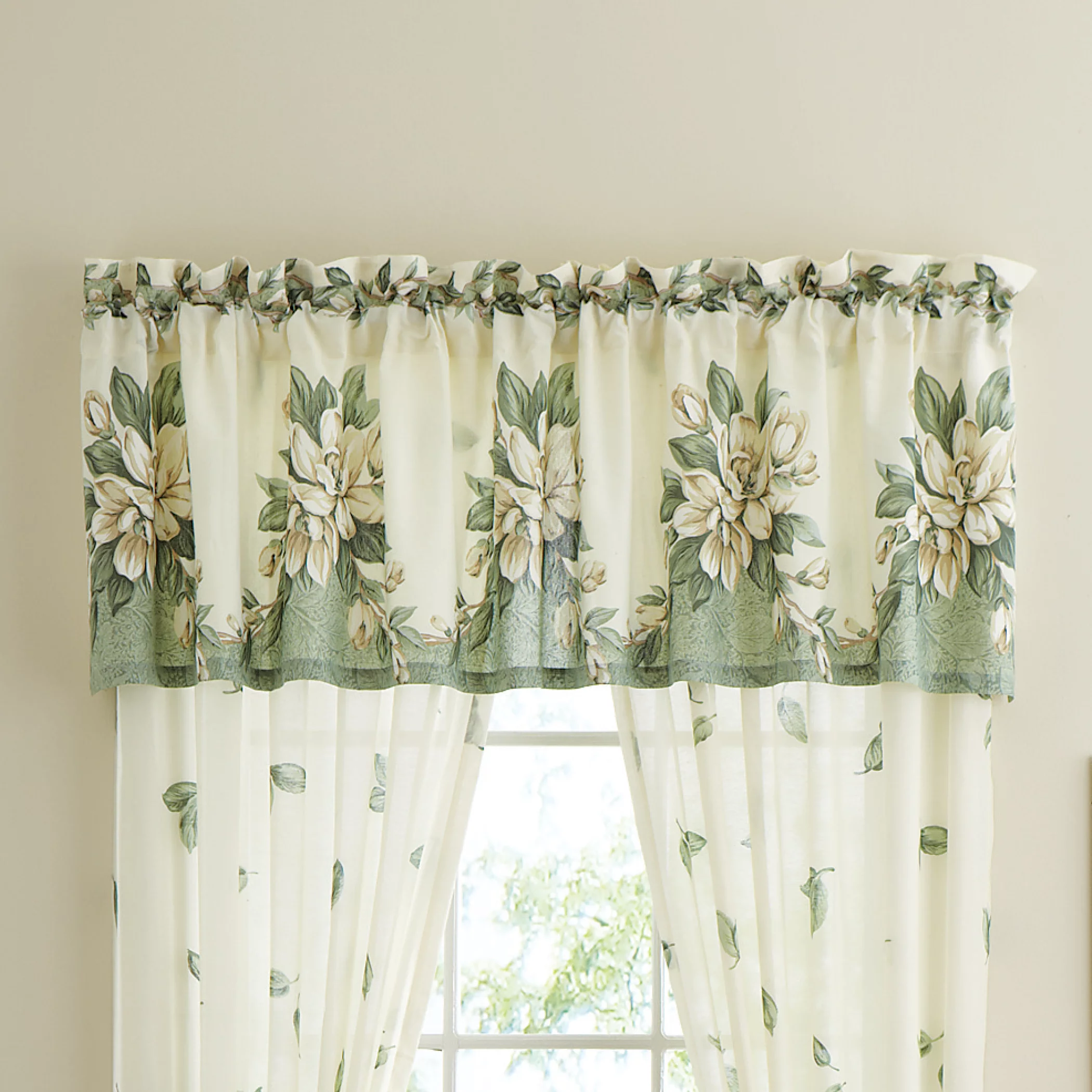 Collections Etc Magnolia Garden Floral Leaf Rod Pocket Window Curtains - Country Cottage Chic Design, Sage, Valance