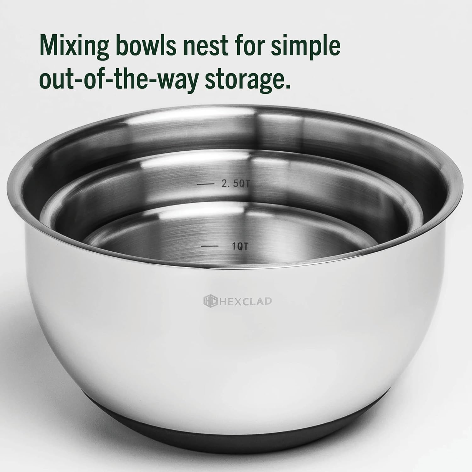 HexClad Stainless Steel Mixing Bowl Set, 3-Piece with Vacuum Seal Lids and Non-Slip Base, 1.3,3 and 5 Quarts