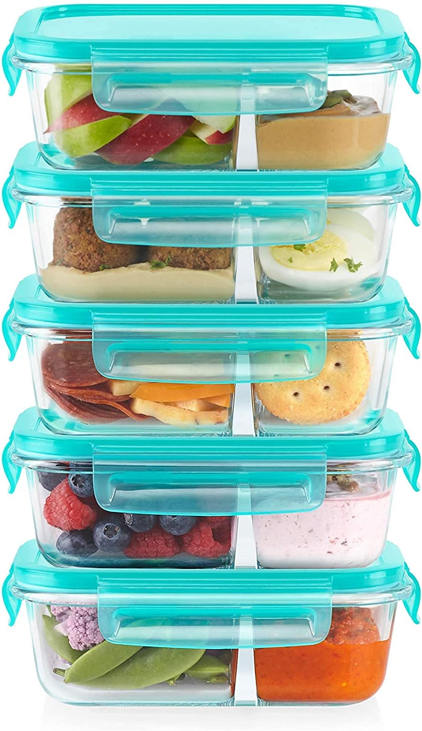 Pyrex Mealbox 10-Pc Bento Box Set, 2.3-Cup Divided Glass Food Storage Containers Set, Non-Toxic, BPA-Free Latching Lids, Freezer, Microwave and Top-Rack Dishwasher Safe, Compartment Bento Lunch Box