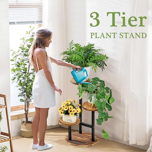 VECELO 3 Tier Plant Stand Indoor Outdoor, Tall Metal Wood Flower Shelf for Multiple Plants, Small Tiered Round Corner Display Rack, Planter Pot Holder for Patio Garden Balcony Living Room Bedroom