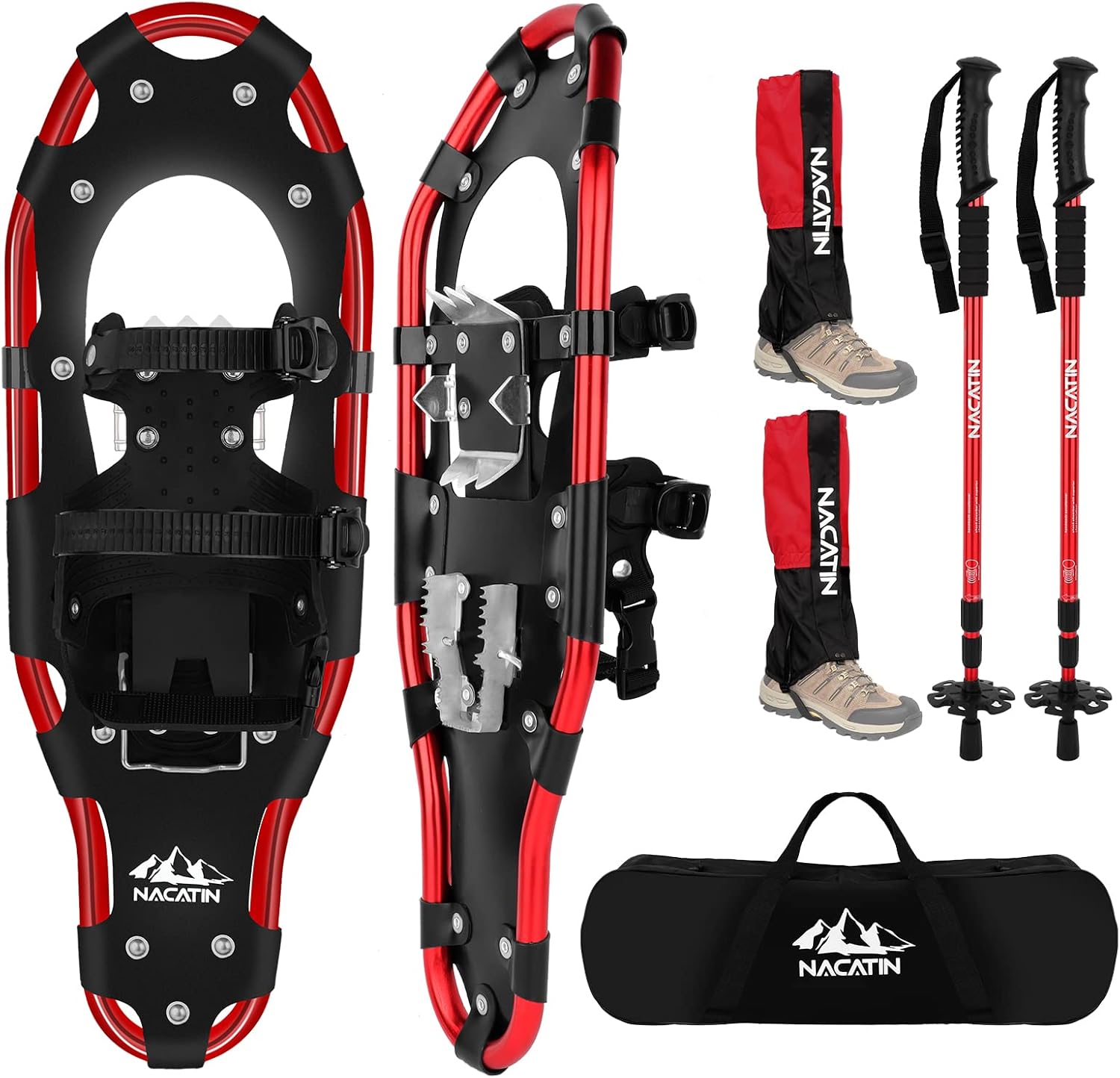 NACATIN All Terrain Snowshoes with Heel Lift,Lightweight Aluminum Alloy Snow Shoes with Trekking Poles,Leg Gaiters,Carry Bag and Adjustable Ratchet Bindings