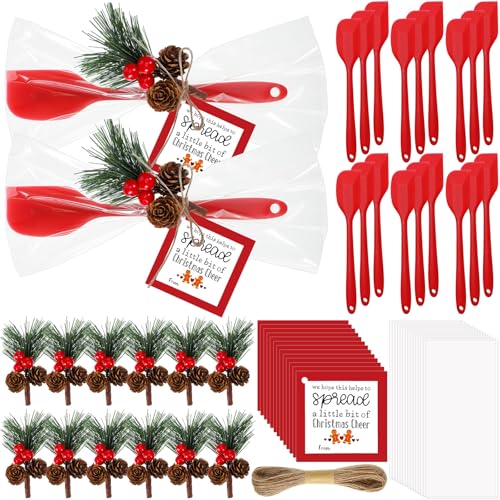 30 Sets Christmas Silicone Spatula Gifts Bulk Kitchen Christmas Spatula Set Includes Silicone Spatulas Pine Branch Gift Bags for Xmas Kitchen Neighbor Employee Gifts Cooking Supplies