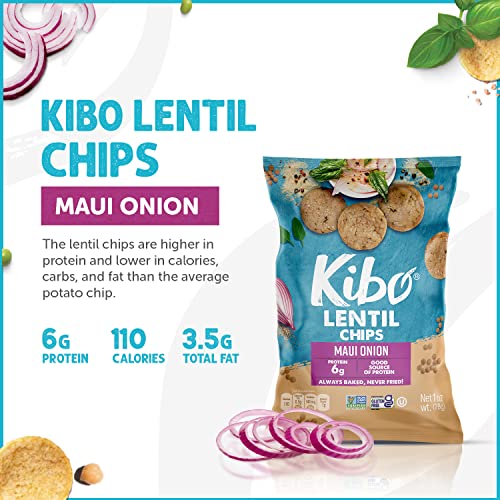 Kibo Lentil Chips Variety Pack - Gluten-Free Vegan Chips - Non-GMO Verified - Plant-Based 28 grams – Maui Onion, Sea Salt, and Spicy Ranch - 12 pack