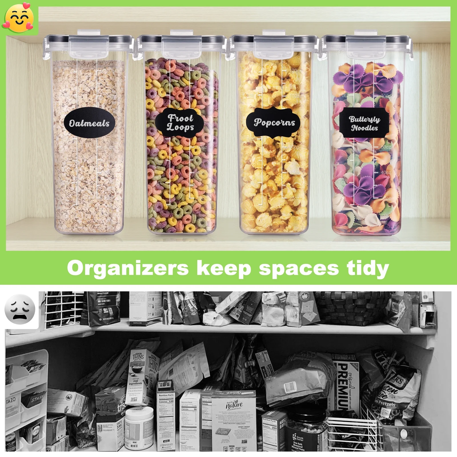 Funtopia Food Storage Containers with Lids, Plastic Cereal Containers Storage Dispenser for Pantry Organization, 4L Airtight Kitchen Containers with To Go Containers for Snack, Sugar, 135.2 fl oz