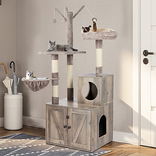 Cat Tree Tower with Litter Box Enclosure, 2-in-1 Wooden Cat Condo with Sisal Scratching Post, Hammock, Brown