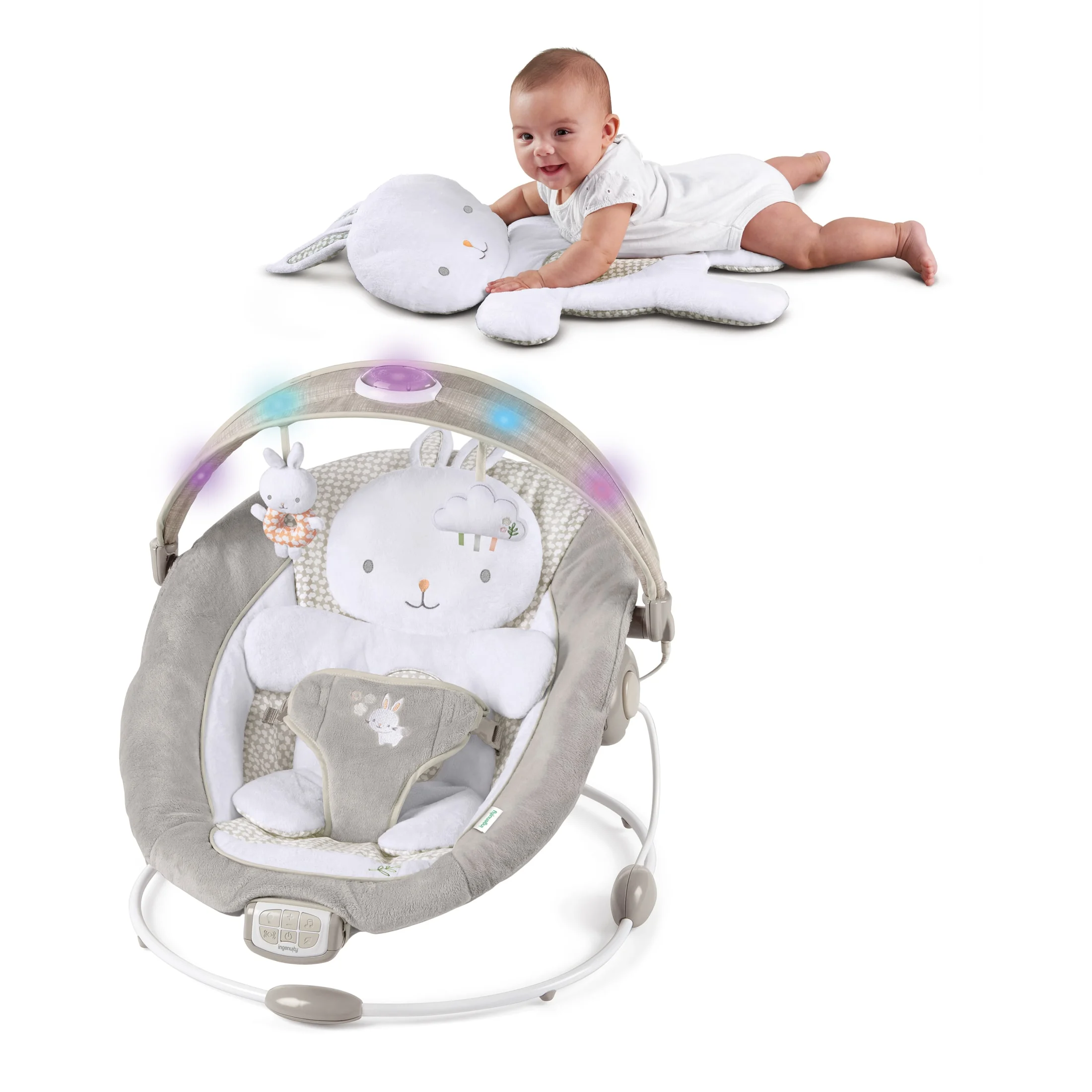 InLighten by Ingenuity Twinkle Tails Vibrating Infant Baby Bouncer with Lightning Toy Bar and Pillow