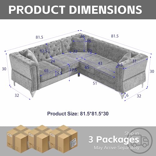 81.5”Chesterfield Sectional Sofa, Chenille Corner Sofa, L-Shaped Sectional Couch, 5-Seater Corner Sofas with 3 Cushions for Living Room, Bedroom, Apartment, Office (Gray)