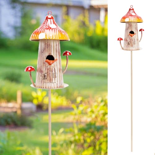 Bird House Stake for Outside, Metal Mushroom Birdhouse Garden Stake, Wild Bird Houses Pole for Small Bird Home Garden Decor