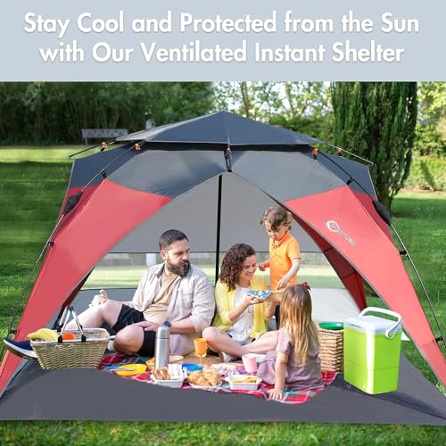 PORTAL POP Up Beach Tent, Umbrella-Style Setup,2-4 Person UPF50+ Beach Tent Sun Shelter, Open Front, Mesh Windows, Instant Sun Shelter with Carry Bag, Red/Grey