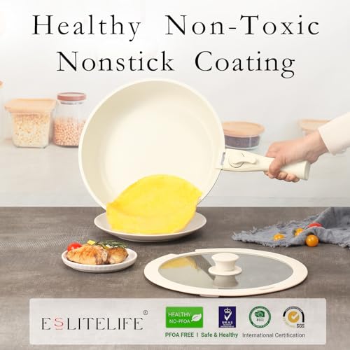 ESLITE LIFE Nonstick Cookware Sets with Detachable Handle, 5 Pcs Granite Coating Pots and Pans Set Kitchen Cooking Set, PFOA Free, Cream