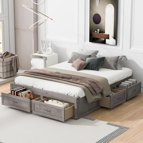 CITYLIGHT Full Size Platform Bed with 6 Drawers, Wooden Full Bed Frame with Storage and Wood Slat Support, Antique Natural