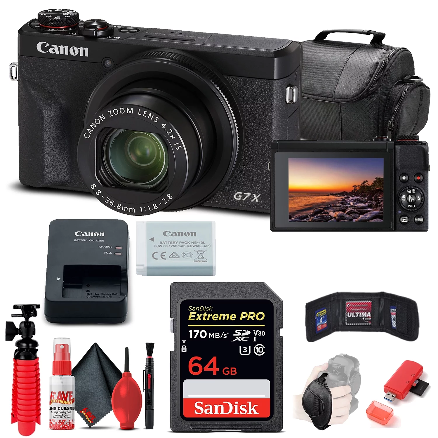 Canon PowerShot G7 X Mark III Digital Camera (Black) (3637C001), 64GB Card, Card Reader, Soft Bag, Flex Tripod, Hand Strap, + More (International Model)