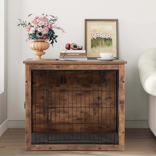 BestPet Dog Crate Furniture with Cushion,Wooden Dog Crate with Double Door Modern Dog Kennel Indoor Side End Table Heavy Duty Dog Crate for Small and Medium Dogs (38in)