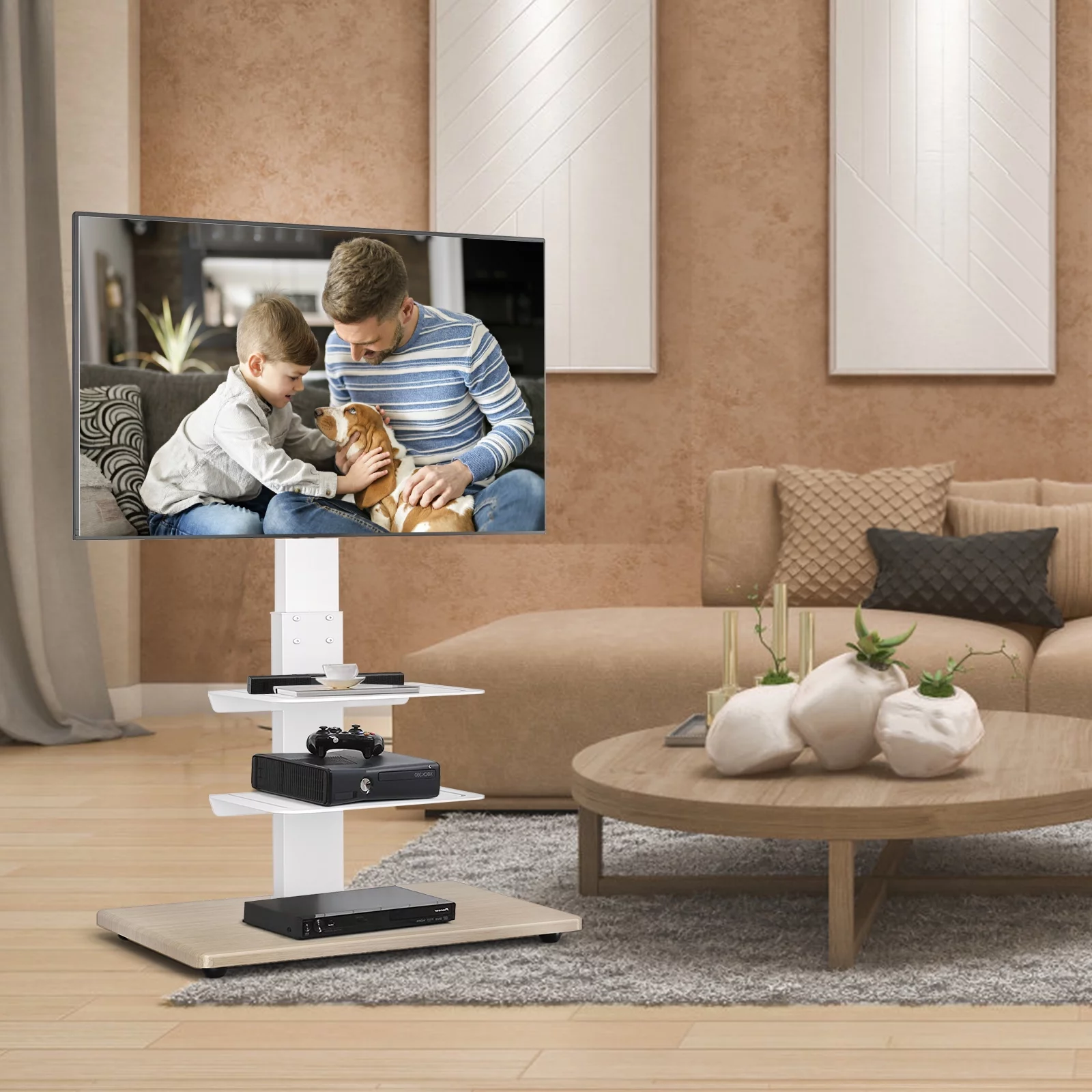 YOMT Wooden Base TV Floor Stand with Swivel Mount for 42 - 75 inch TVs,White