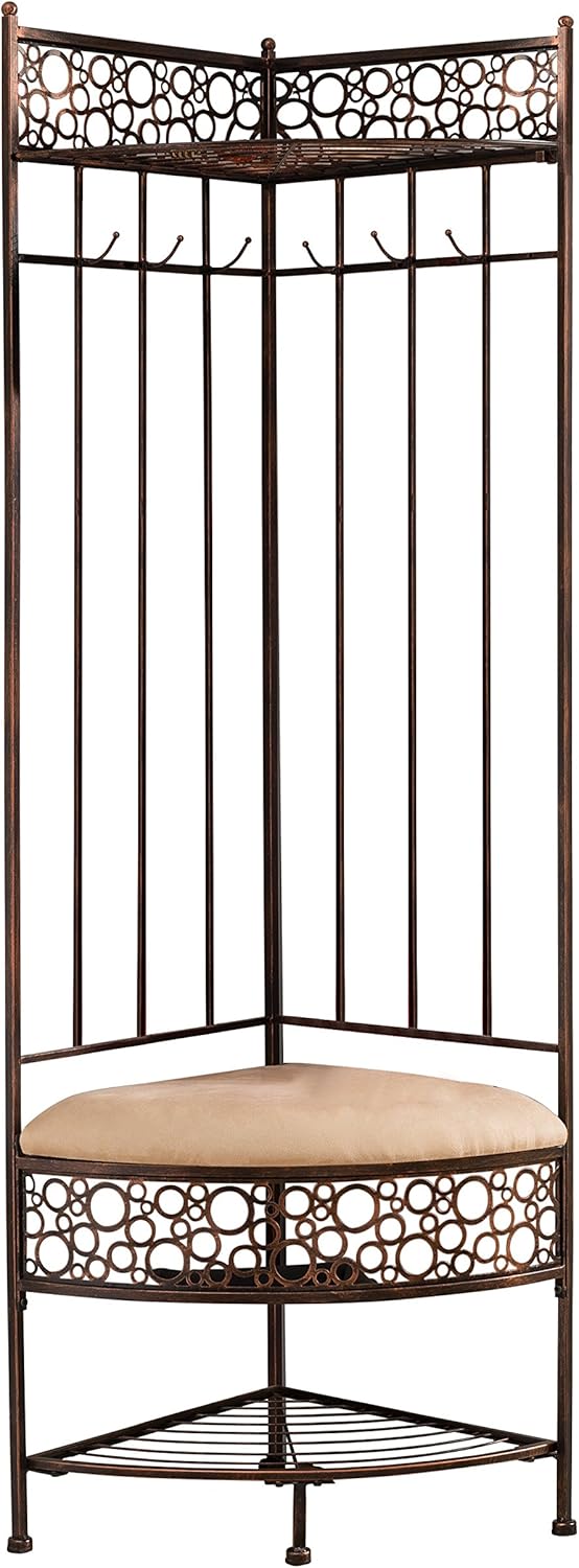 KB Designs - 6-Hook Corner Hall Tree Storage Bench with Coat Rack, Brushed Copper