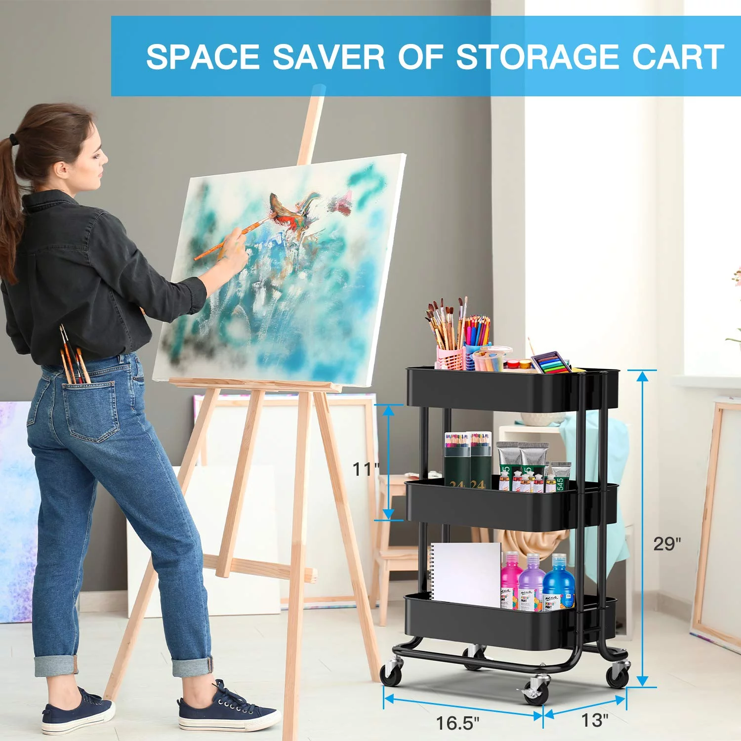 3-Tier Metal Rolling Utility Cart, Multifunction Storage Cart Organization Cart with 2 Lockable Wheels for Home Office Kitchen (Black)