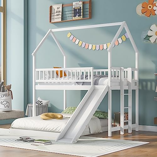 Twin Over Twin House Bunk Bed with Trundle and Slide, Solid Wood Bunk Bed with Storage Staircase and Full-Length Guardrails, House Play Design for Kids, Easy Assembly (Gray) (Gray)