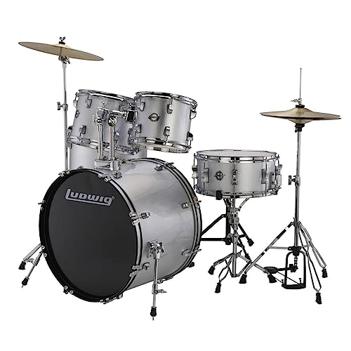 Ludwig Accent 5-piece Complete Drum Set - 22-inch Bass Drum and Cymbals, Silver Sparkle