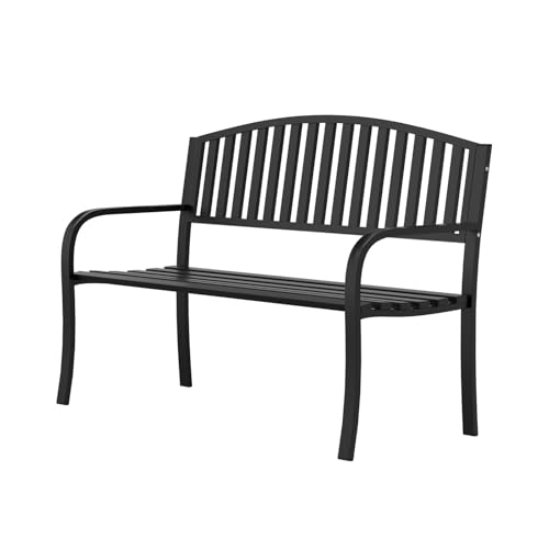 Outdoor Garden Bench, Wrought Iron Metal Frame Bench, Weatherproof & Anti-Rust Heavy-Duty Patio Park Bench for Front Porch, Yard, Lawn, Deck, Clearance