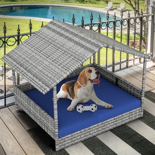 YITAHOME Large Wicker Dog House with Cushion Outdoor Indoor Rattan Doghouse Elevated Raised Dog Bed with Canopy Water Resistant Dog Cot for Small, Medium, and Large Dogs, Gray