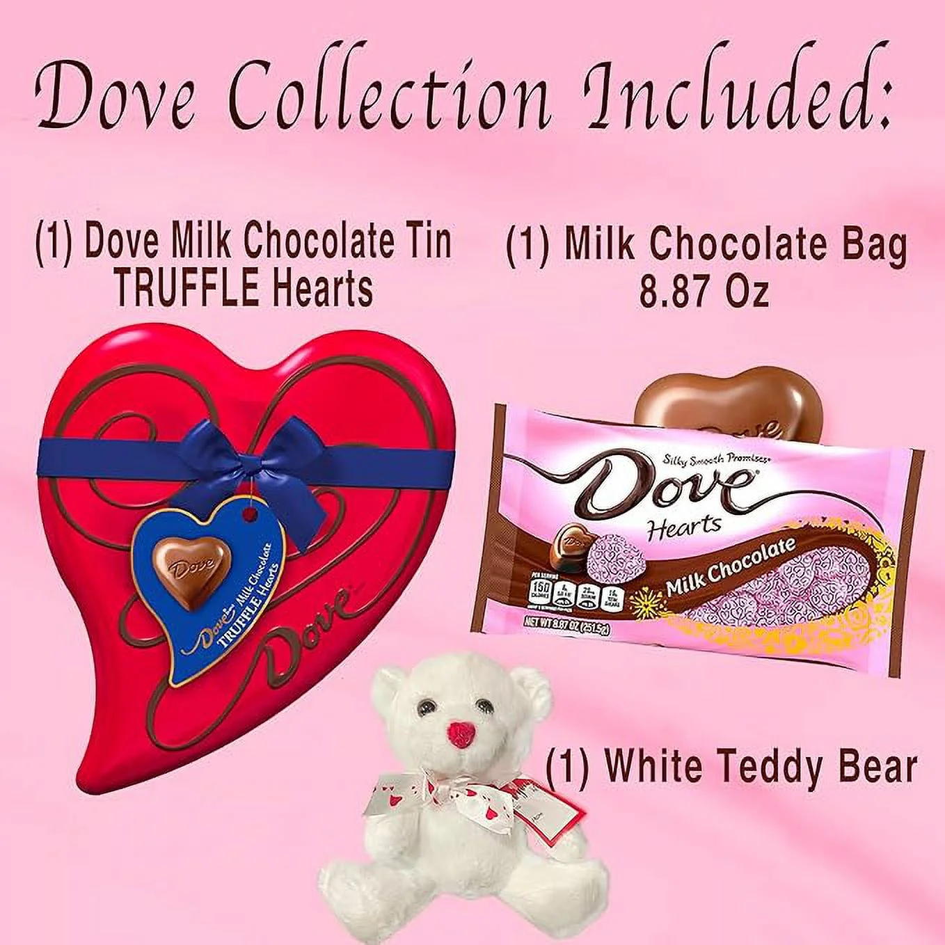 CANDYMAN Valentine Day Bundle with (1) DOVE Milk Chocolate Candy Heart Tin, (1) Milk Chocolate DOVE Bag and (1) White Teddy Bear