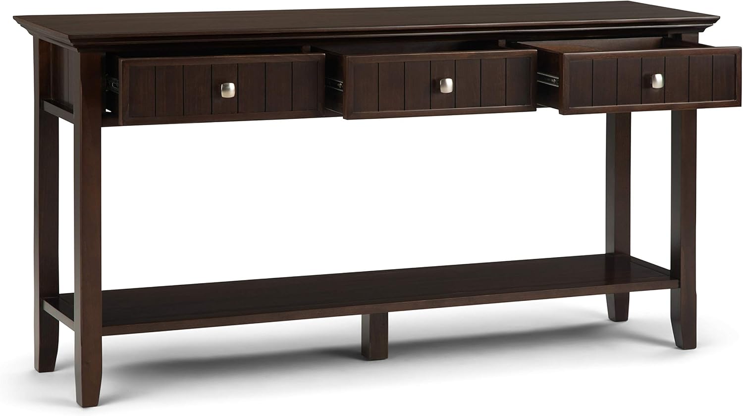 SIMPLIHOME Acadian SOLID WOOD 60 inch Wide Rustic Contemporary Modern Wide Console Sofa Entryway Table in Brunette Brown with Storage, 3 Drawers and 1 Shelf, for the Living Room, Entryway and Bedroom