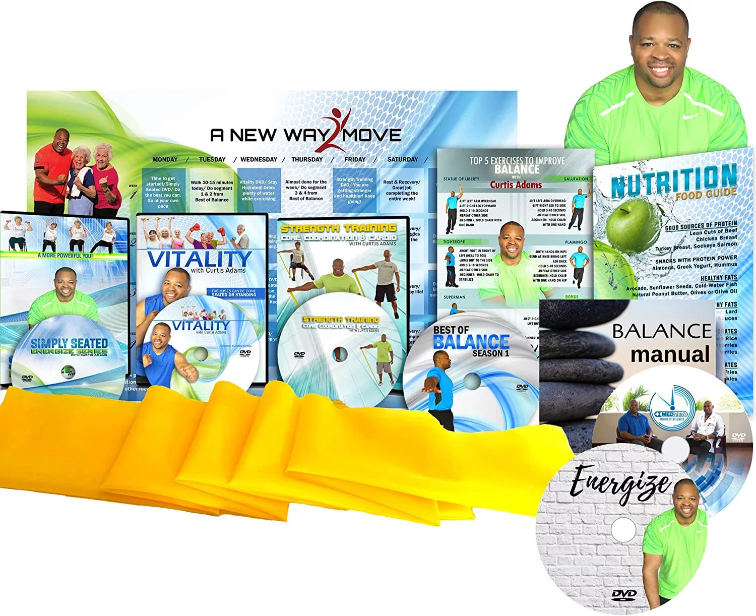 Vitality 4 Life with Curtis Adams Premium Seniors Exercise DVD System - 5DVDs + Resistance Band + Balance Exercises + Nutrition Guide + Bonus Gift