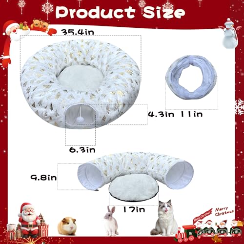 LUCKITTY Christmas Snowflake Print Cat Tunnel Under Tree, Velvet-Touch Jacquard Fabric with Hanging Plush Ball, 10-Inch Diameter 3-Ft Wide Round Pet Tube - Plush & Festive Cat Diversion Red