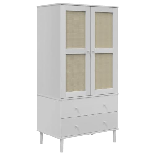 vidaXL Solid Pine Wood Wardrobe - White, Rattan Look Design, Spacious Drawers and Compartments, UV Varnish Finish, Ample Storage for Clothes and Accessories, Perfect for Living Room or Bedroom