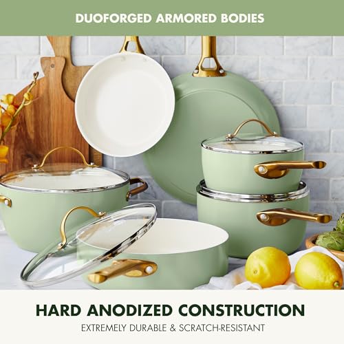 GreenPan Reserve Hard Anodized Healthy Ceramic Nonstick 10 Piece Cookware Pots and Pans Set, Gold Handle, PFAS-Free, Dishwasher Safe, Oven Safe, Twilight Blue