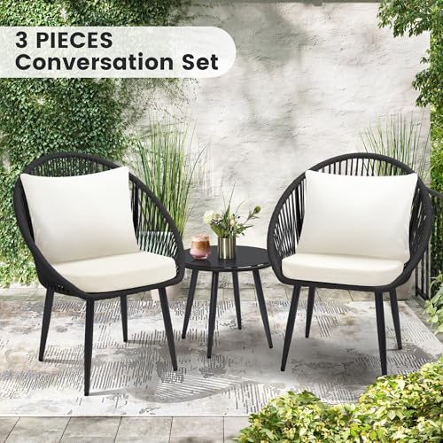 3 Piece Bistro Set, Woven Rope Chair with Cushions, All Weather Patio Conversation Set with Side Table, Ideal for Deck, Balcony, Poolside, Black