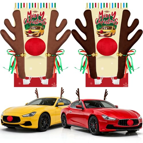 2 Pack Red Nose for Car, Reindeer for Car Window Roof-Top & Front Grille, Car Antler & Nose Christmas Decorations for Car Jingle Bell Compatible with Car, SUV, Jeep, Truck