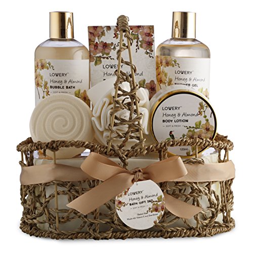 Mothers Day Gifts For Mom, Grandma Mother Day Gift Baskets for Women, Spa Honey Almond Scent, Luxury Bath & Body Set, Shower Gel, Bubble Bath, Body Lotion, Salts, Bath Bomb, Bath Puff, Handmade Basket