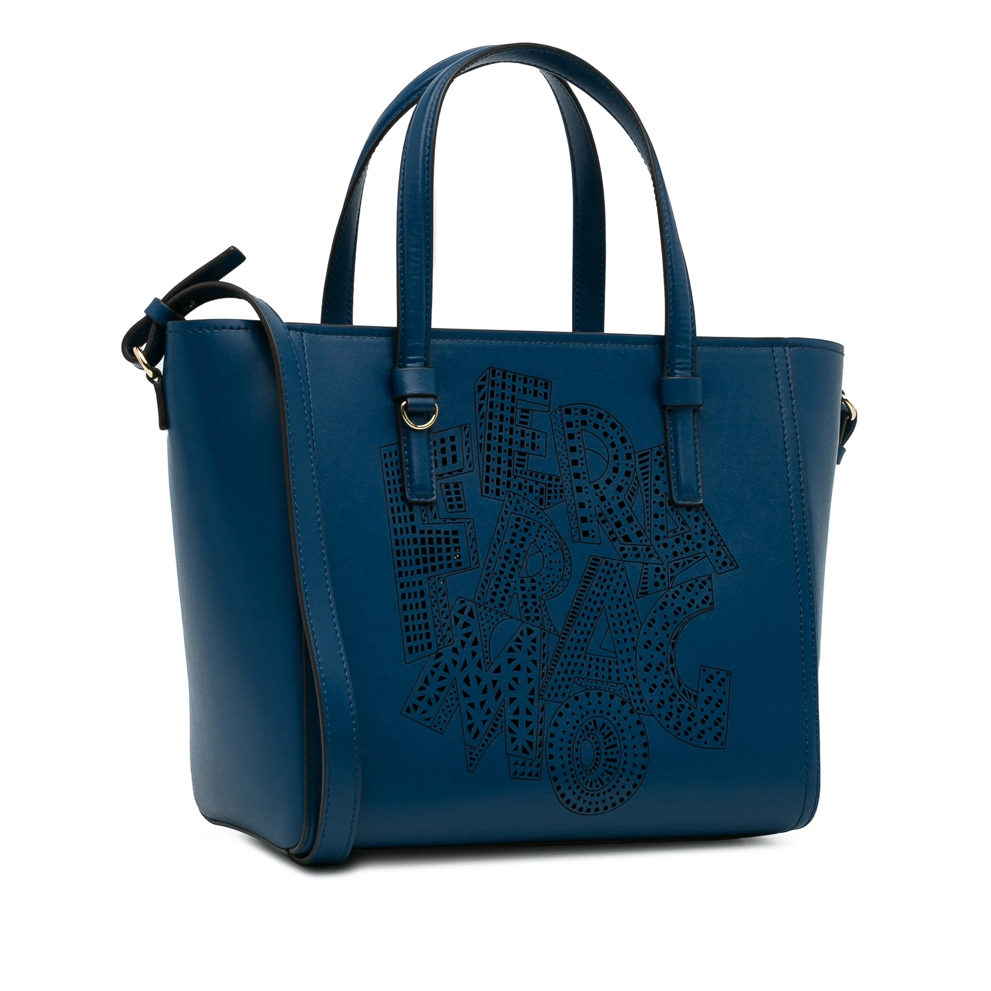 Pre-Owned Authenticated Ferragamo Perforated Bonnie Satchel Calf Leather Blue Unisex (Good)