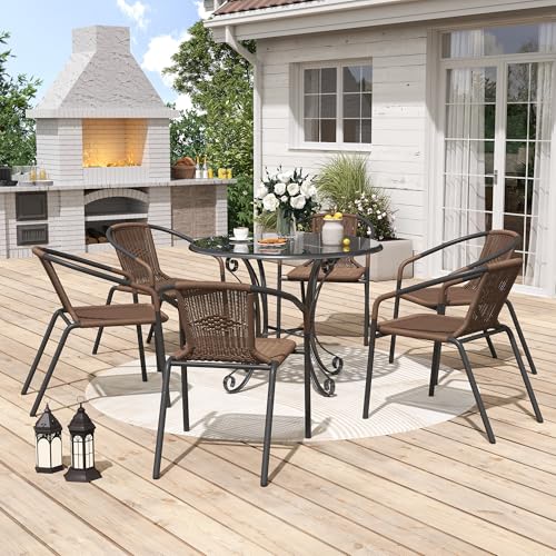 UDPATIO Rattan Outdoor Dining Chairs Set of 6, Wicker Stackable Patio Chairs with All Weather Curved Back & Metal Frame, for Indoor Restaurant Porch Deck, Black
