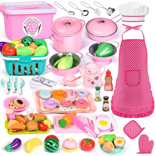 105Pcs Kids Kitchen Playset, Play Kitchen Accessories, Pretend Play Food Tea Party Set, Toy Kitchen Kids Cooking Real with Apron＆Chef Hat, Utensils Cookware, Toy Organizer, Birthday Gift for Toddler