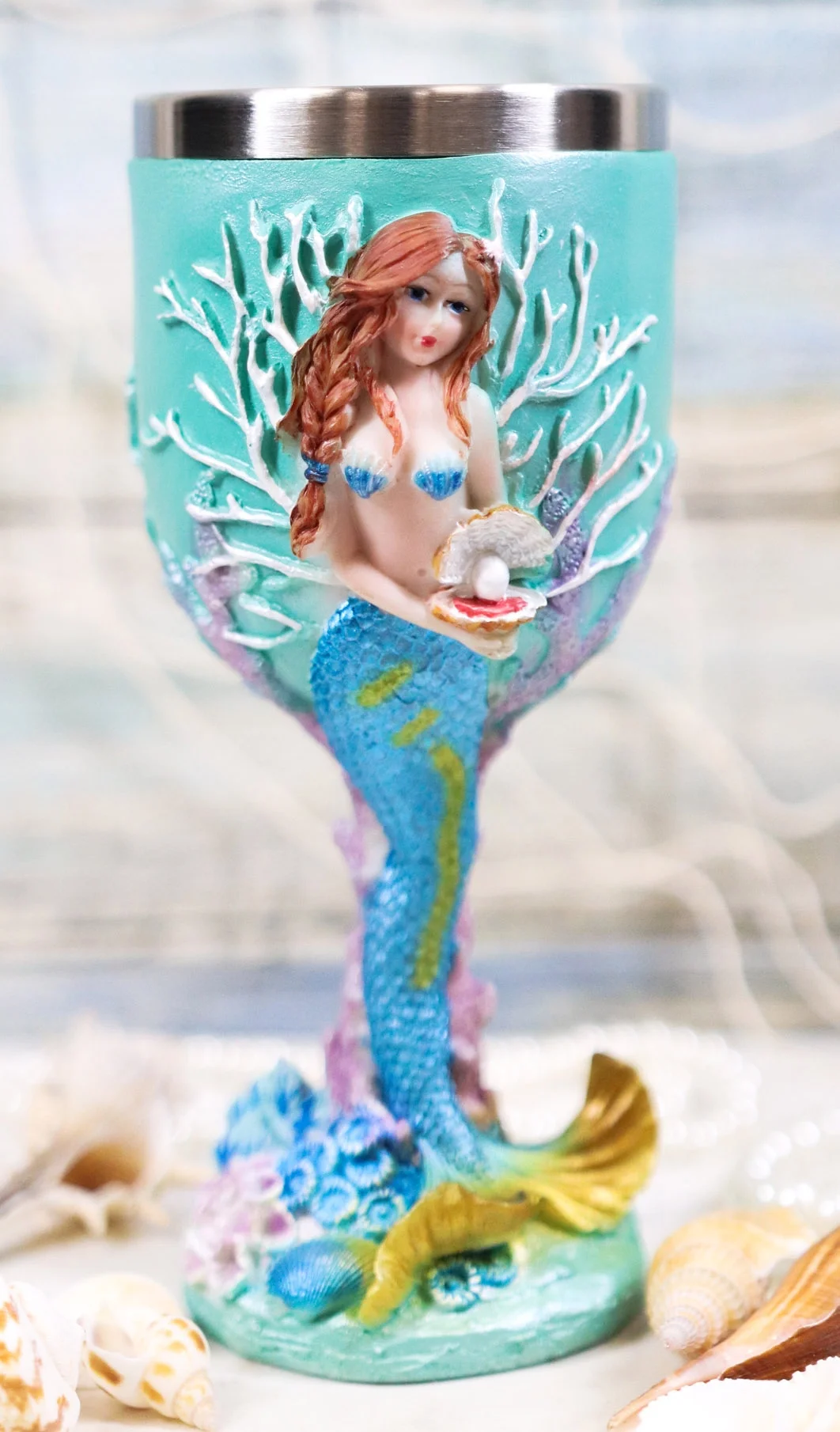 Ebros Turquoise Ocean Marine Coral Reef Mermaid With Pearl Wine Goblet